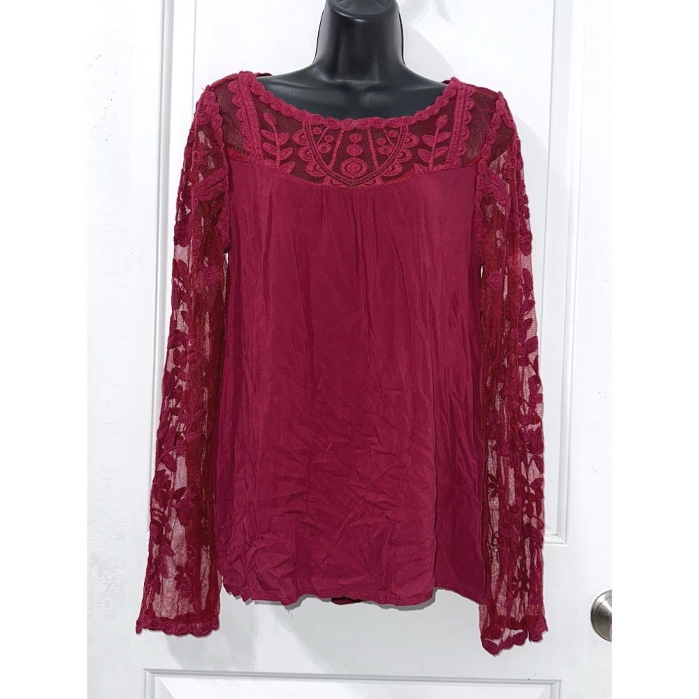 Xhilaration brand lace embroidered long sleeve blouse in a burgundy red